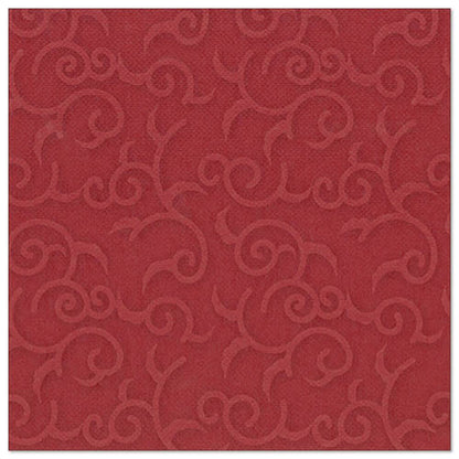 La serviette carrée bordeaux de la collection ROYAL de PAPSTAR (40 x 40 cm, pliée en 1/4) est ornée d'un motif en relief de vrilles et de spirales uniformément réparti sur la surface.