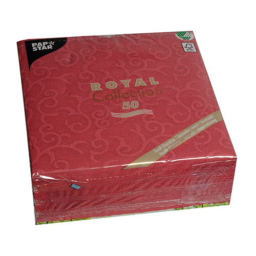 Un paquet de 50 serviettes bordeaux PAPSTAR GmbH "ROYAL Collection" 1/4 pli, 40 x 40 cm, est livré dans un emballage en plastique transparent avec des motifs décoratifs et un branding sur le devant.