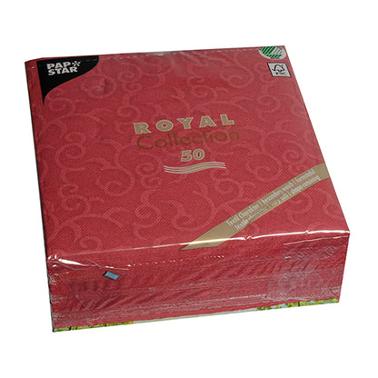 Un paquet de 50 serviettes bordeaux PAPSTAR GmbH "ROYAL Collection" 1/4 pli, 40 x 40 cm, est livré dans un emballage en plastique transparent avec des motifs décoratifs et un branding sur le devant.