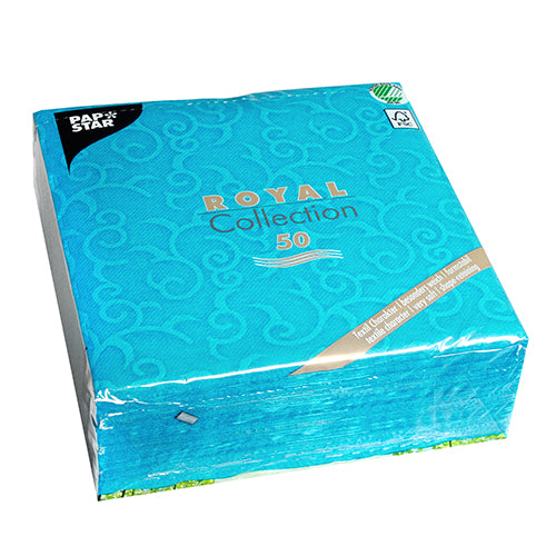 50er-Pack türkis PAPSTAR Servietten "ROYAL Collection" (40 x 40 cm, 1/4-Falz) der PAPSTAR GmbH, mit dezentem Wirbelmuster und umweltfreundlicher, FSC-zertifizierter Verpackung.