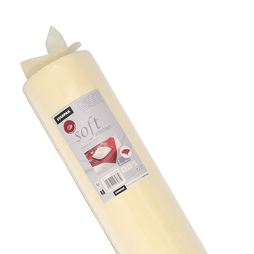 Eine teilweise abgerollte Rolle Starpak Tischdecke, stoffähnlich, Vlies „Soft Selection“ von Starpak, in Off-White, mit sichtbarem Produktetikett und Gebrauchsanleitung auf der Verpackung.