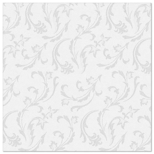 Les PAPSTAR GmbH 50 serviettes "ROYAL Collection" 1/4-pli 40 x 40 cm en blanc présentent un motif élégant de fleurs et de volutes en gris clair uniformément réparti sur un fond blanc uni.