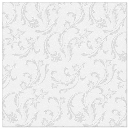 Les PAPSTAR GmbH 50 serviettes "ROYAL Collection" 1/4-pli 40 x 40 cm en blanc présentent un motif élégant de fleurs et de volutes en gris clair uniformément réparti sur un fond blanc uni.