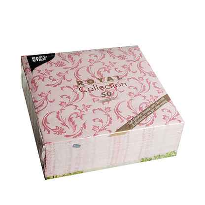 Un paquet de 50 PAPSTAR serviettes "ROYAL Collection" 1/4 pli, 40x40 cm, en bordeaux de PAPSTAR GmbH. L'emballage carré met en valeur le design élégant des serviettes à l'intérieur.