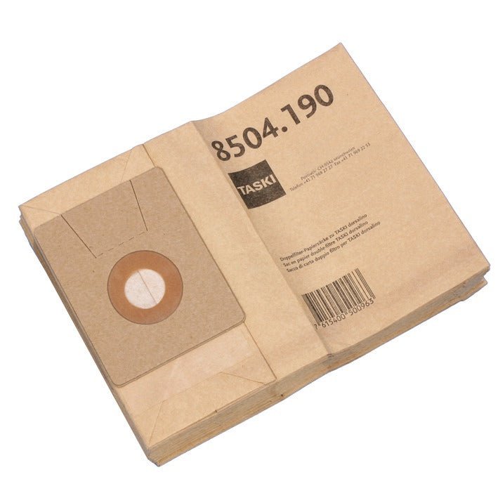 L'image montre une pile de sacs sous vide dorsalino à double filtre en papier (carton, 10 paquets) pour TASKI dorsalino de Diversey Deutschland GmbH & Co. OHG ; un sac a un col en carton avec une ouverture ronde et le numéro de produit 8504.190.