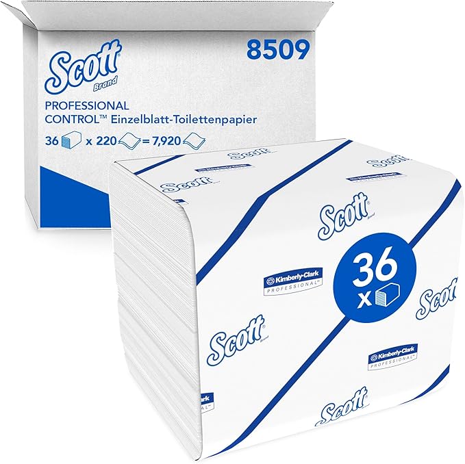 Scott® Control™ Toilettenpapier von Kimberly-Clark GmbH, Einzelblattsytem, weiß, 36 Päckchen à 220 Blatt pro Karton.
