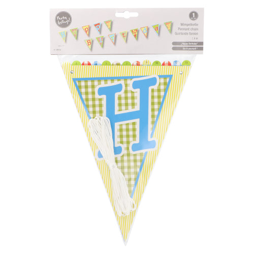 Die PAPSTAR Wimpelkette "Happy Birthday" (4 m, lackiertes Papier) von PAPSTAR GmbH ist ideal für die Geburtstagsdeko, mit bunten Wimpelflaggen und einem beispielhaften Geburtstagsbild auf dem oberen Etikett. Inklusive weißer Schnur.