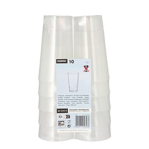 Starpak 10 Mehrweg-Trinkbecher der Marke Starpak sind in Plastik verpackt. Das Etikett enthält Produktinfos, Barcode sowie Symbole für umweltfreundliche Wiederverwendung und die ungeeignete Nutzung für Heißgetränke.