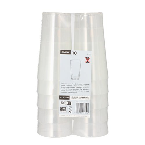 Ein Stapel Starpak 10 Mehrweg-Trinkbecher der Marke Starpak ist in transparenter Folie verpackt. Das vordere Etikett zeigt Produktinfos, Barcode und Icons.