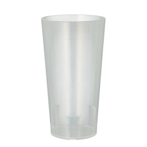 Ein Starpak 10 Mehrweg-Trinkbecher von Starpak steht aufrecht auf einem weißen Hintergrund und zeichnet sich durch ein schlichtes, durchscheinendes Erscheinungsbild, eine glatte Oberfläche und eine leicht konische Form aus, die oben breiter und unten schmaler ist.