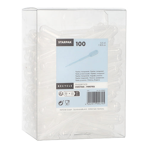 Une boîte en plastique transparent avec l'inscription « Starpak 100 Pipetten, PE transparent » de Starpak contient 100 pipettes en polyéthylène transparent. L'étiquette sur le devant montre les détails du produit, des codes-barres ainsi que des symboles pour le recyclage et les instructions d'utilisation.