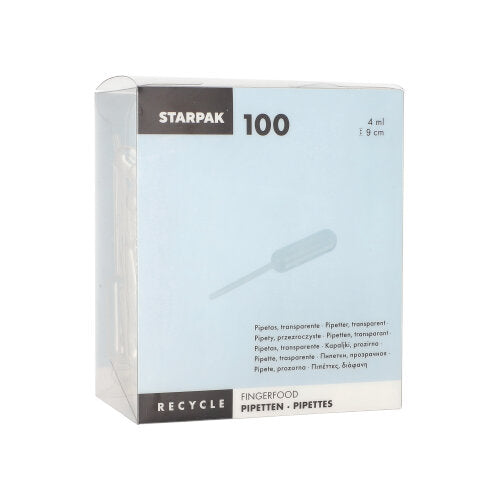 Les pipettes Starpak 100, PE transparent de Starpak sont une boîte transparente avec des pipettes en polyéthylène de 4 ml pour les amuse-bouches, avec des instructions de recyclage et des informations multilingues sur « Pipettes » et le dosage des liquides.