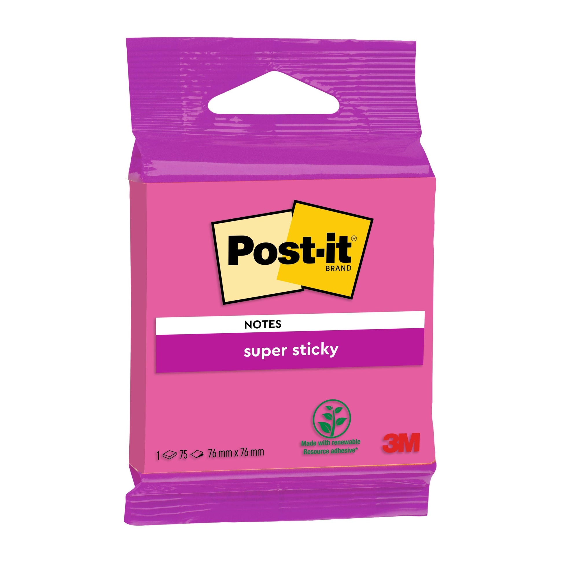 Eine neongrüne, neonpinke, ultragelbe, ultragrüne und ultrapinke Packung Post-it® Super Sticky Notes 6820S3 (76 x 76 mm, 1 Block à 75 Blatt), von 3M Deutschland GmbH, PEFC-zertifiziert.
