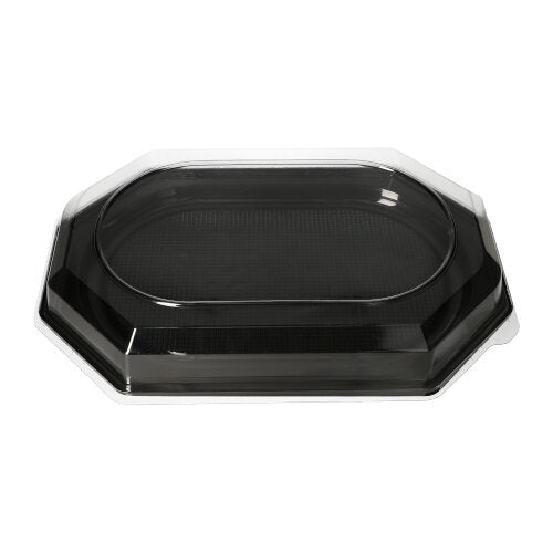 Die Starpak 10 Servierplatten, PET schwarz, sind eine achteckige schwarze Speiseschale mit einem durchsichtigen Deckel von Starpak – perfekt für Catering-Events und auf weißem Hintergrund abgebildet.