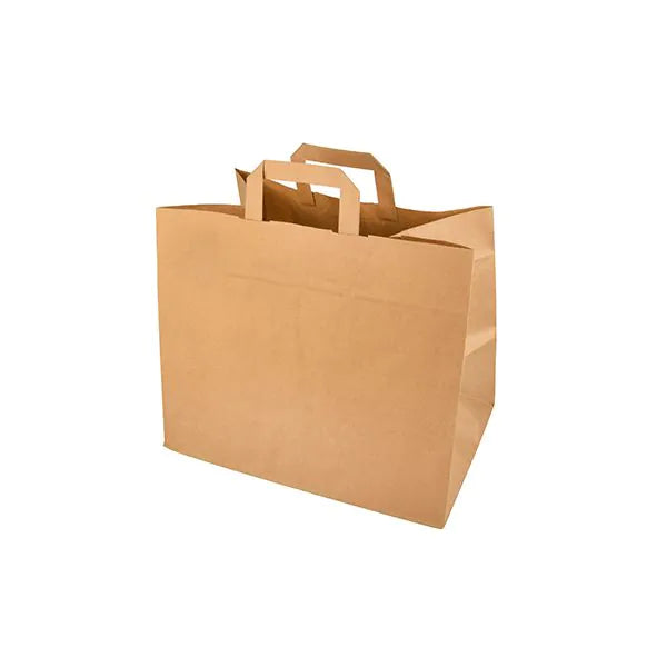 A PAPSTAR 50 Tragetaschen, Papier mit Tragegriff von PAPSTAR GmbH steht leer auf weißem Hintergrund. Die braune Tragetasche mit breitem, flachem Boden betont ihr umweltfreundliches Design.