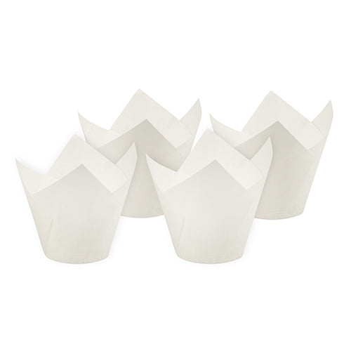 Quatre moules à pâtisserie "Tulip" blancs PAPSTAR (Ø 5 cm, 8,5 cm) de PAPSTAR GmbH se regroupent devant un fond blanc simple. Idéal pour la cuisson, disponible en paquets de 200 pièces.