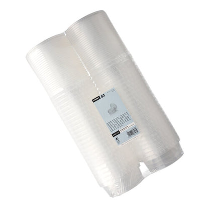 Une pile de 50 pots à charcuterie Starpak, gobelets ronds transparents jetables en PP avec fermeture d'authenticité, est livrée dans un emballage plastique avec une étiquette blanc-bleu contenant des détails sur le produit.