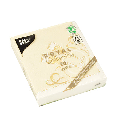 Un paquet de 20 PAPSTAR serviettes "ROYAL Collection" 1/4 pli, crème, 25x25 cm, certifié FSC avec un design doré sur l'emballage, de la PAPSTAR GmbH.