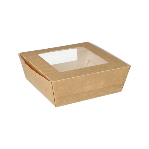 Les 25 boîtes de produits fins de PAPSTAR GmbH sont des boîtes à emporter rectangulaires marron en carton écologique avec une fenêtre en PLA transparente sur le dessus, représentées fermées sur fond blanc pour un emballage durable.