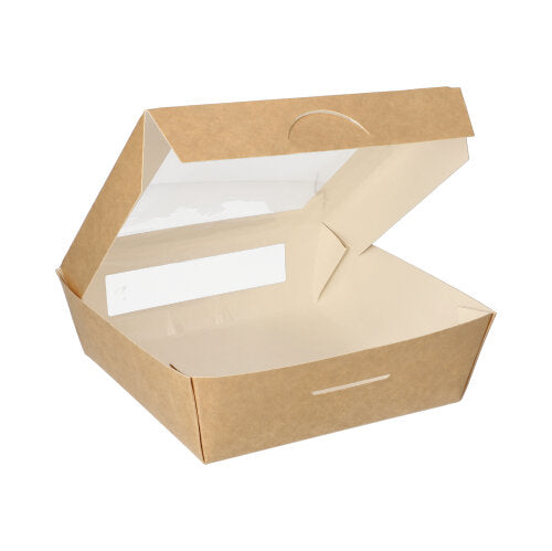 Les PAPSTAR 25 boîtes de produits fins en carton avec fenêtre en PLA (carrée) de PAPSTAR GmbH sont des emballages durables et écologiques pour des plats frais – idéalement présentés sur fond blanc simple.