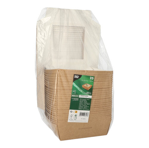 Une pile de 25 boîtes de produits fins PAPSTAR en carton avec fenêtre en PLA de PAPSTAR GmbH est emballée dans un sac transparent. Les boîtes carrées sont partiellement visibles à travers la fenêtre et portent une étiquette produit à l'avant.