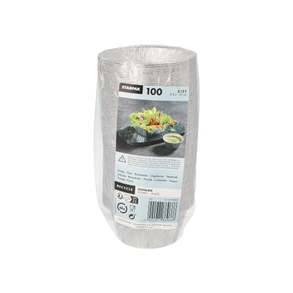 Eine Packung mit 100 Starpak Alu Schalen (rund, 0,12 l, Ø 8,5 cm · 3,9 cm) in Folie mit Etikett – ideal als umweltfreundliche Verpackung für Lebensmittel.