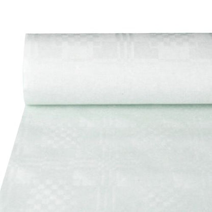 Ein teilweise ausgerolltes PAPSTAR Papiertischtuch mit Damastprägung in elegantem Weiß liegt auf dem Tisch und zeigt das dezente, geometrische Muster dieser festlichen Premium-Tischdecke von PAPSTAR GmbH.