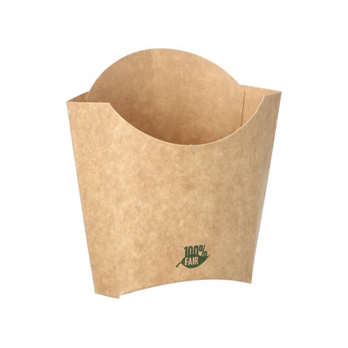 Die PAPSTAR Pommes-Frites-Schütte (11x11,5 cm) in braun, aus nachhaltigem Karton mit "100% Fair" in grün auf der Vorderseite, ist perfekt für Fast-Food-Restaurants. Packung mit 80 Stück von PAPSTAR GmbH.