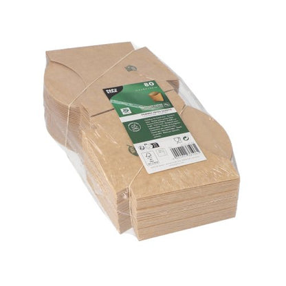 PAPSTAR Pommes-Frites-Schütte (80 Stück), braun, 11x11,5 cm, aus 100% fairem Karton der PAPSTAR GmbH, in Klarsichtfolie verpackt. Inklusive grün-weißem Etikett mit Produktinfos - ideal für Fast-Food-Restaurants.