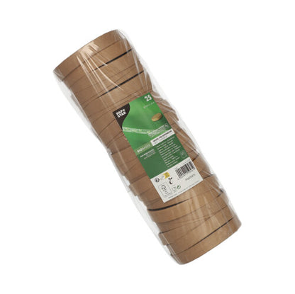 Une pile de 25 couvercles ronds pour gobelets à soupe en carton emballée dans un film transparent de la PAPSTAR GmbH, avec une inscription vert-blanc sur l'emballage.