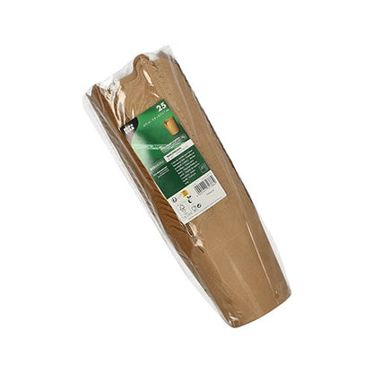 Eine versiegelte Plastikpackung enthält 25 PAPSTAR GmbH Snackboxen, eckig, braun, aus umweltfreundlicher Pappe. Produktinformationen und Branding werden auf einem grün-weißen Aufkleber angezeigt.