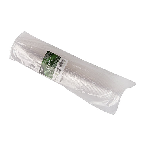 Un paquet de 100 couvercles ronds "purs" (Ø 9,5 cm) de PAPSTAR GmbH en PLA clair et écologique, avec étiquette vert-blanc avec texte, code-barres et "biodégradable", dans un emballage transparent.