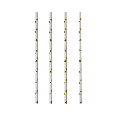 Vier PAPSTAR 100 Trinkhalme (Ø 6 mm) der PAPSTAR GmbH mit gelben Sternmustern sind senkrecht auf weißem Grund angeordnet.