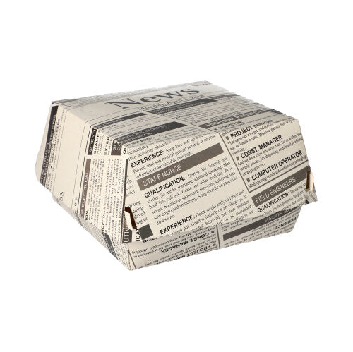 Die PAPSTAR 50 Burgerboxen (7,8 x 11 x 11,5 cm) im „Newsprint“-Design bieten eine umweltfreundliche Möglichkeit zum Servieren von Speisen und sind mit schwarzem Kleinanzeigen-Text versehen. Lieferung durch die PAPSTAR GmbH im 50er-Pack, verpackt in Schrumpffolie.