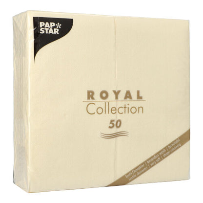 Eine Packung mit 50 Servietten (1/8-Falz, 40 x 40 cm) der PAPSTAR GmbH aus der PAPSTAR ROYAL Collection in Creme – ideal für elegant gedeckte Tische – verfügt über einen goldenen und schwarzen Text sowie einen diagonalen Goldstreifen unten rechts auf der Verpackung.