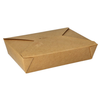 Les PAPSTAR 50 boîtes à lunch, en carton "pure" brun de la PAPSTAR GmbH sont des cartons bruns rectangulaires fermés avec des bords pliés - un emballage écologique, idéal pour emporter de manière responsable.