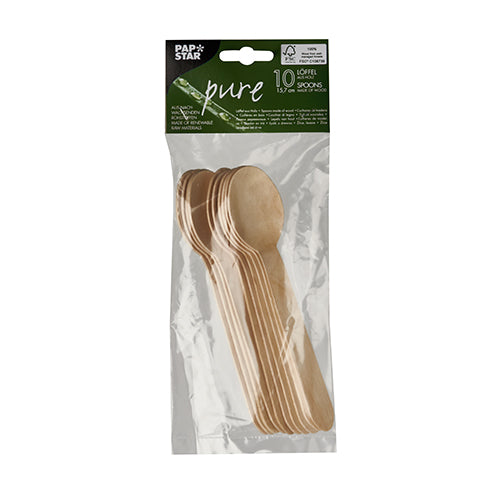 In einer Klarsichtverpackung befinden sich 10 Kaffeelöffel aus Holz „pure“ der PAPSTAR GmbH mit grün-weißem Etikett mit der Aufschrift „Pure“ und „10 Löffel, Holz“ sowie Markenangaben.