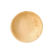 Une PAPSTAR assiette en feuille de palmier "pure", ronde (Ø 18,5 cm), durable, avec une surface lisse et un grain naturel, photographiée de dessus sur fond blanc. Marque : PAPSTAR GmbH. Carton de 25 pièces.