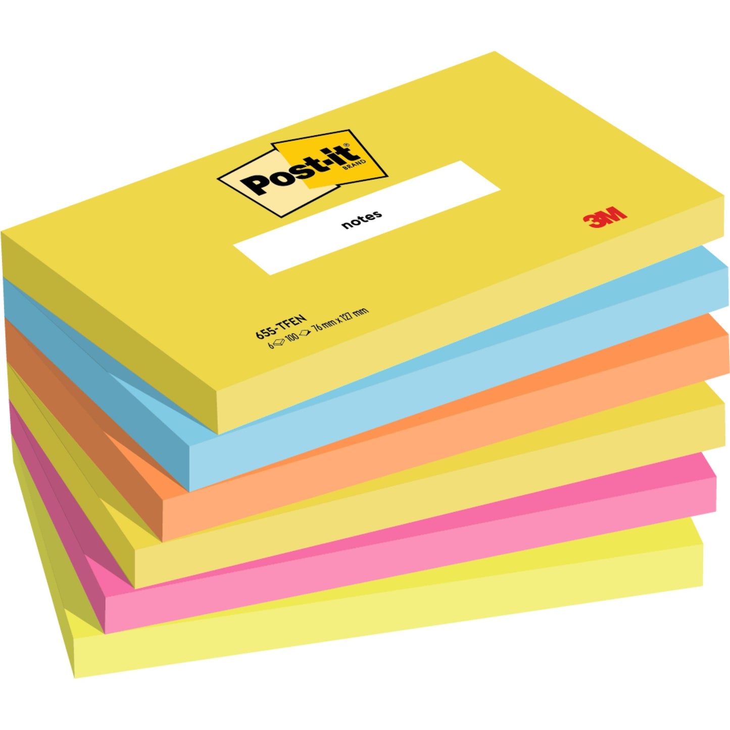 Une pile de six Post-it® Notes rectangulaires, Energetic Collection (76 mm x 127 mm, 100 feuilles/bloc), de 3M Deutschland GmbH. Contient différentes couleurs et montre le logo Post-it et le logo 3M sur le bloc supérieur. 100% certifié PEFC.
