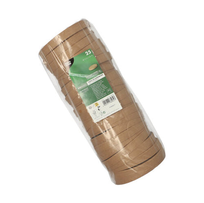 Une pile de 25 couvercles en papier ronds et écologiques pour gobelets à soupe de la PAPSTAR GmbH dans un emballage plastique transparent avec une étiquette vert-blanc contenant les détails du produit.