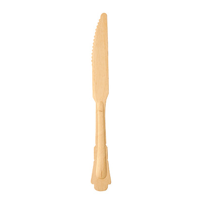 Un seul couteau en bois PAPSTAR "pure", 20,5 cm au design vintage de PAPSTAR GmbH est montré verticalement avec le manche en bas et la lame dentelée vers le haut sur un fond blanc.