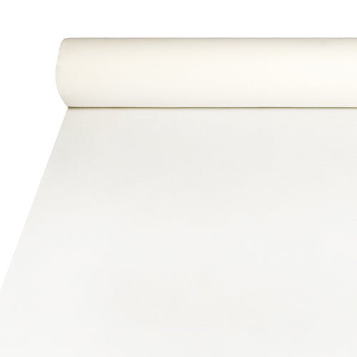 Die Starpak Tischdecke aus Airlaid (20m x 1,2m) in Weiß bietet eine stoffähnliche Optik, ist langlebig sowie pflegeleicht; Der Rollenanfang liegt am oberen Bildrand.