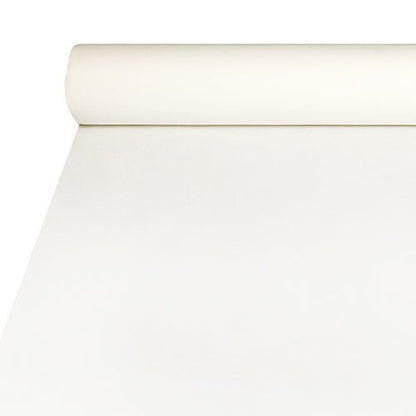 Die Starpak Tischdecke aus Airlaid (20m x 1,2m) in Weiß bietet eine stoffähnliche Optik, ist langlebig sowie pflegeleicht; Der Rollenanfang liegt am oberen Bildrand.