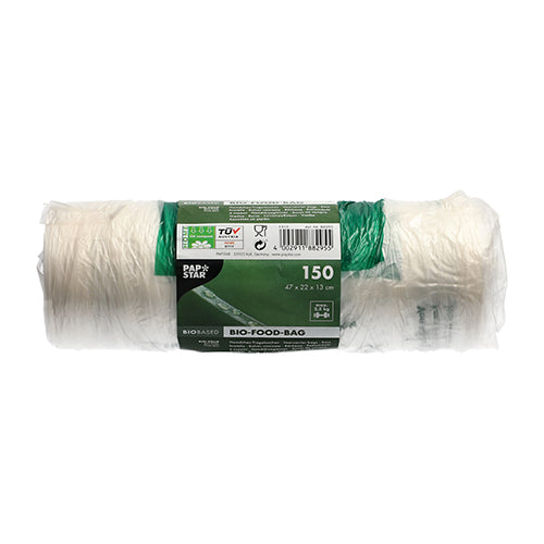 Eine Rolle mit 150 PAPSTAR Knotenbeuteln (47x22 cm) aus transparenter Bio-Folie der PAPSTAR GmbH zeigt eine grün-weiße Banderole mit Produktinfos und Symbolen, die unbenutzt auf weißem Hintergrund abgebildet ist.