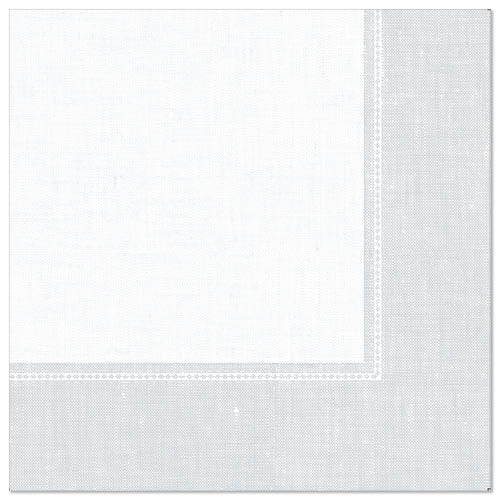 Serviette carrée blanche de la "ROYAL Collection" de la PAPSTAR GmbH (40 x 40 cm, 1/4-pli), illustrée sur un fond uni blanc, avec un bord gris clair et un motif de couture discret. Paquet de 50 pièces.