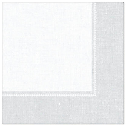 Serviette carrée blanche de la "ROYAL Collection" de la PAPSTAR GmbH (40 x 40 cm, 1/4-pli), illustrée sur un fond uni blanc, avec un bord gris clair et un motif de couture discret. Paquet de 50 pièces.