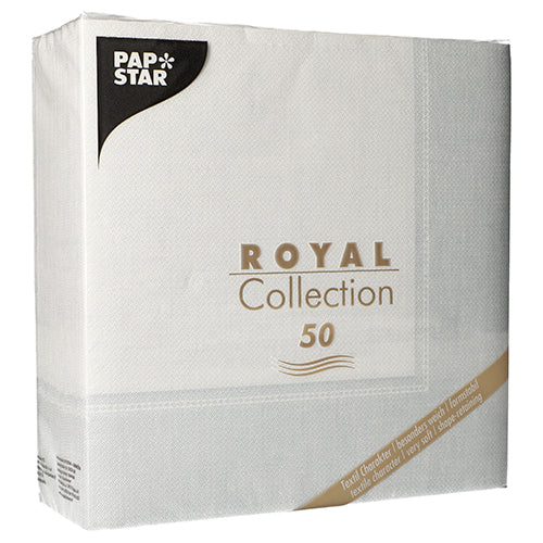 Un paquet de 50 serviettes PAPSTAR "ROYAL Collection" 1/4-pli, 40 x 40 cm en blanc, de la PAPSTAR GmbH, avec un branding accrocheur et des détails de collection sur l'emballage.