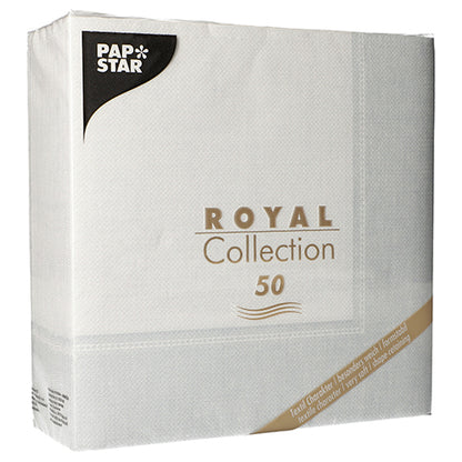 Un paquet de 50 serviettes PAPSTAR "ROYAL Collection" 1/4-pli, 40 x 40 cm en blanc, de la PAPSTAR GmbH, avec un branding accrocheur et des détails de collection sur l'emballage.