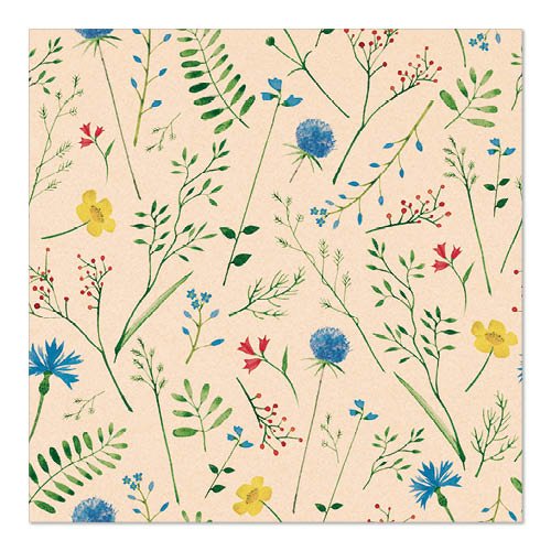La serviette beige PAPSTAR 20 serviettes 33x33 cm de PAPSTAR GmbH présente un motif de fleurs sauvages colorées - bleu, jaune et rouge - et de feuilles vertes, réparties uniformément sur la surface naturelle à 3 couches.