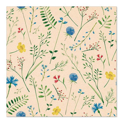 La serviette beige PAPSTAR 20 serviettes 33x33 cm de PAPSTAR GmbH présente un motif de fleurs sauvages colorées - bleu, jaune et rouge - et de feuilles vertes, réparties uniformément sur la surface naturelle à 3 couches.